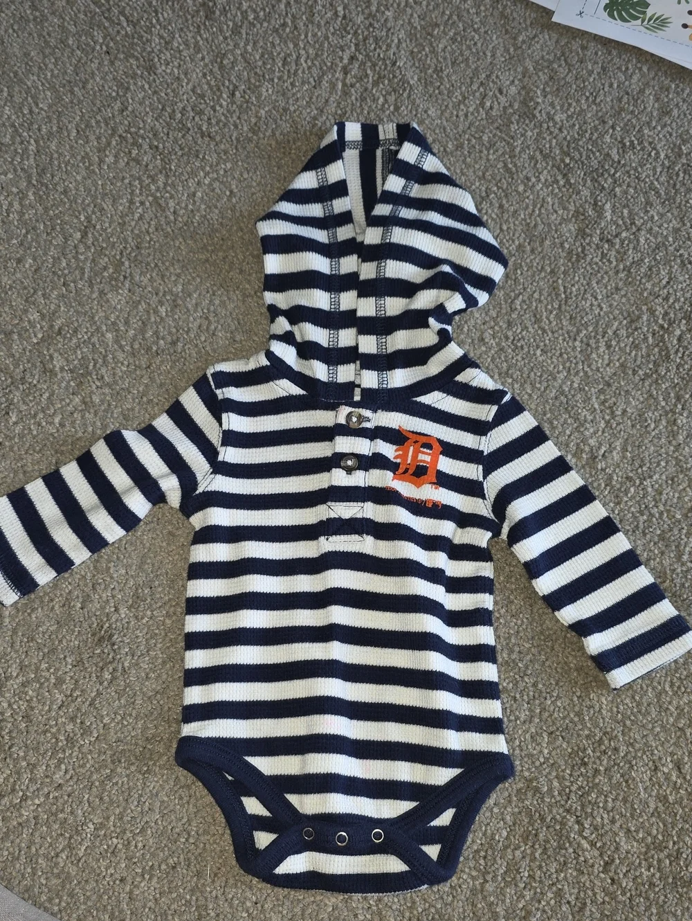 Striped Hooded Baby One-Piece in Navy and White with Orange Detroit TIGERS